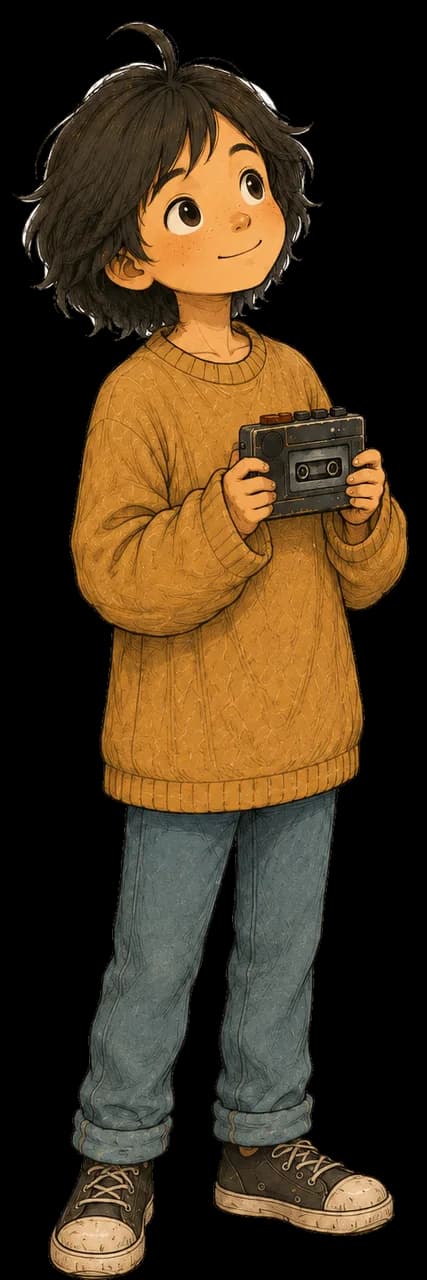 Jamie, looking up, holding a tape recorder